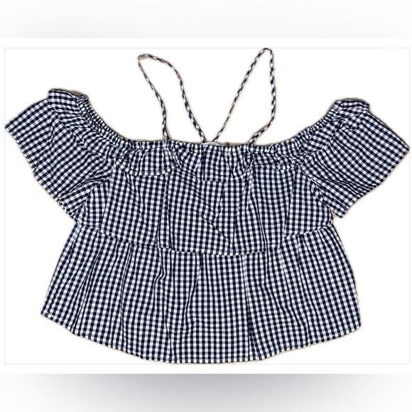 Cisono Tops - Cisono Small Checkered Navy White Off-Shoulder Top
